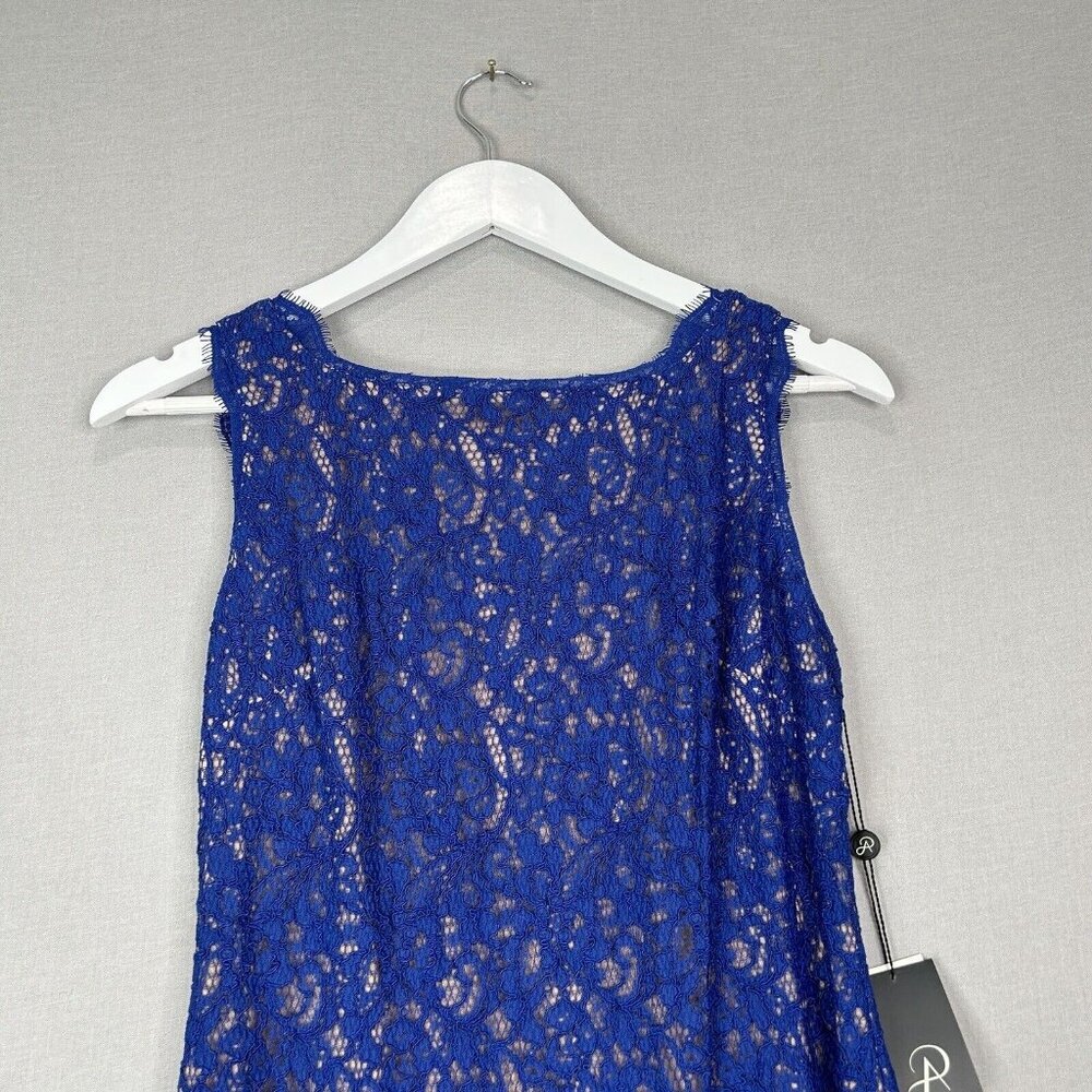 Adrianna Papell Womens Dress 4 Blue Lace Overlay Sheath Evening Modest Elegant - Picture 2 of 14